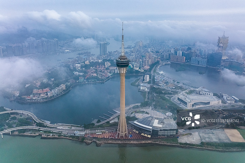 航拍澳门风光风景澳门塔云雾图片素材