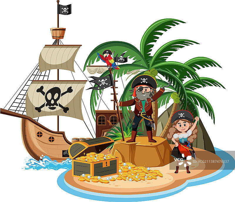 卡通海盗岛屿海盗船图片素材
