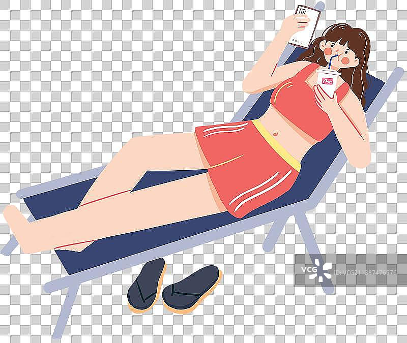 穿着红色泳装的长发女孩在躺椅上喝水图片素材