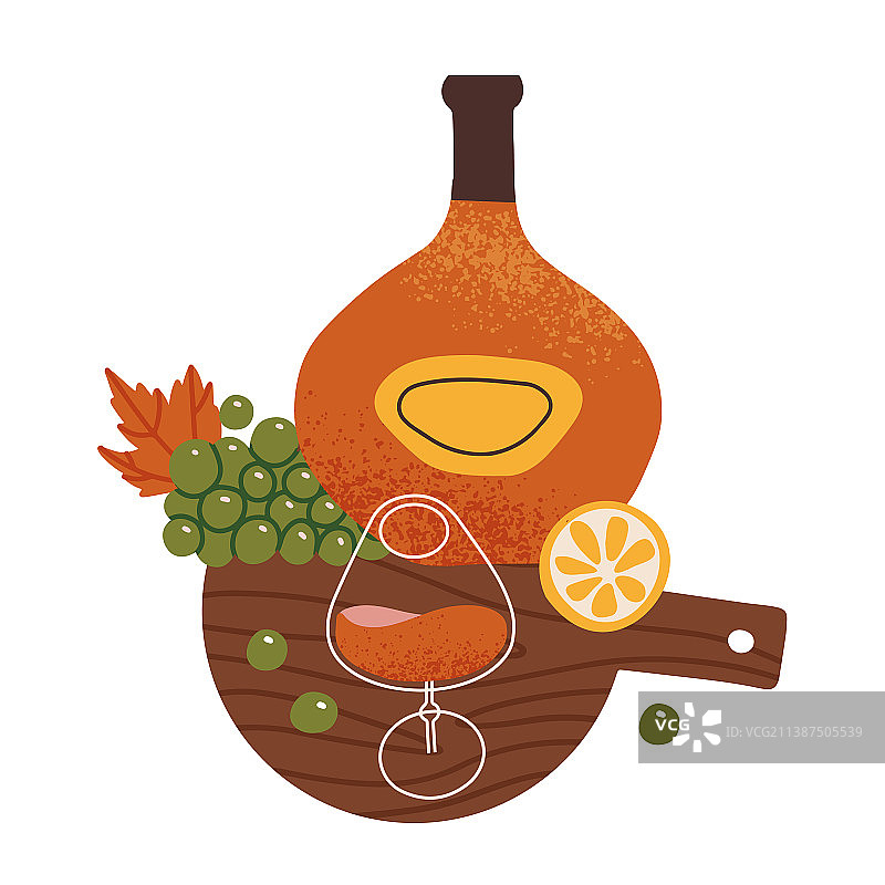 干邑瓶、干邑酒杯和葡萄静物图片素材