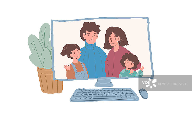 卡通扁平幸福家庭在电脑前图片素材