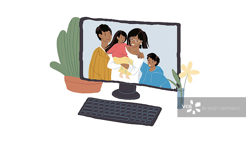 电脑上的卡通扁平黑色家庭角色图片素材