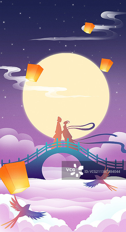 古风唯美七夕创意插画图片素材