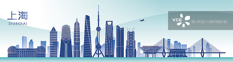 上海城市地标建筑蓝色渐变矢量海报图片素材