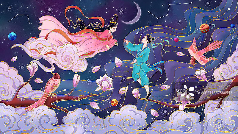 七夕牛郎织女新中式插画图片素材