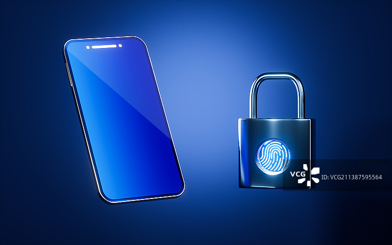 发光的手机与带有指纹图案的挂锁3D渲染图片素材
