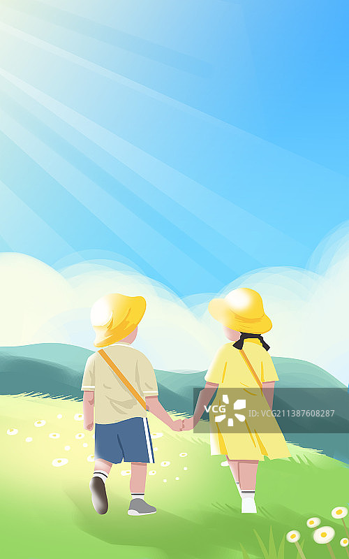 童年往事小时候小朋友孩子户外春游秋游踏青游玩插画图片素材