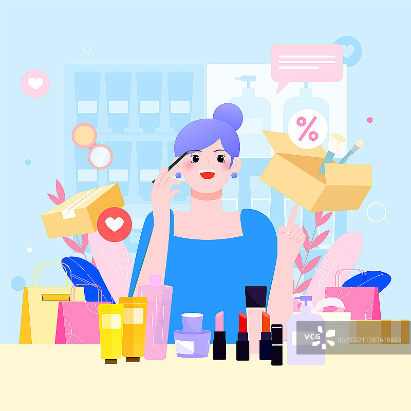女孩直播促销矢量插画方图图片素材