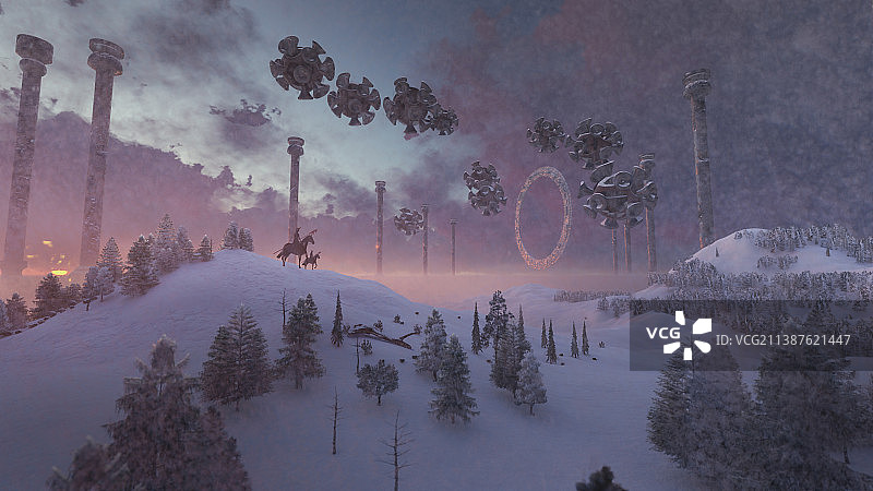 雪地上的骑士和罗马柱图片素材