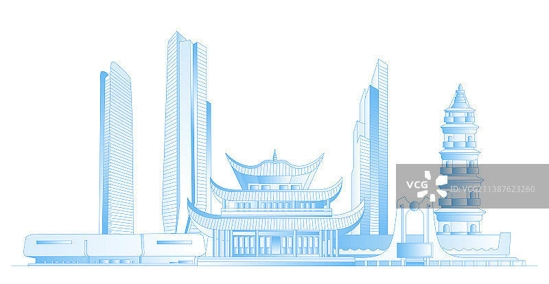 岳阳城市地标建筑群矢量插画图片素材