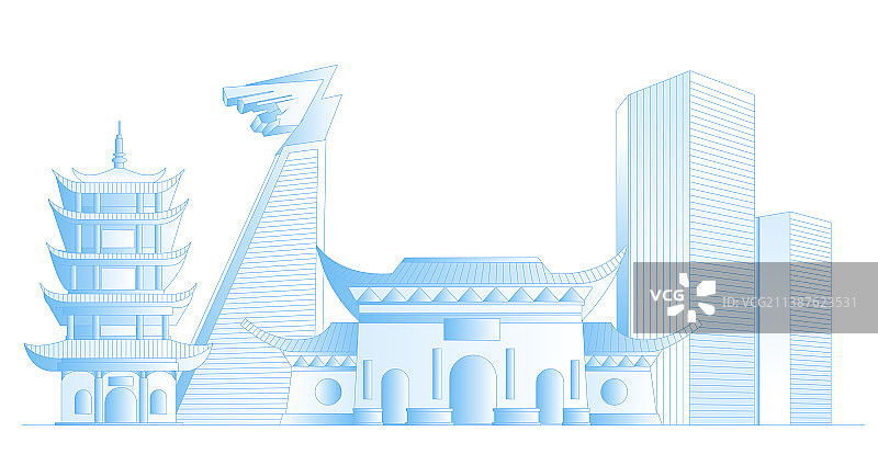 常德城市地标建筑群矢量插画图片素材