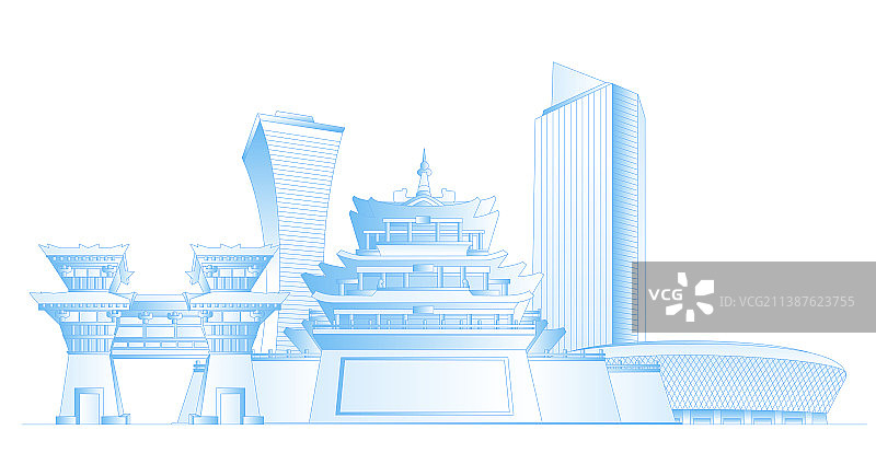 咸阳城市地标建筑群矢量插画图片素材