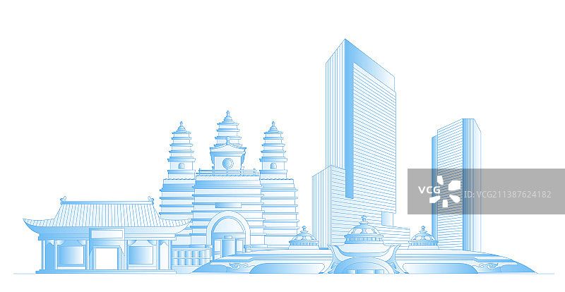 呼和浩特城市地标建筑群矢量插画图片素材