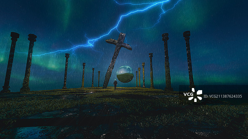 科幻场景下的罗马柱和十字架图片素材