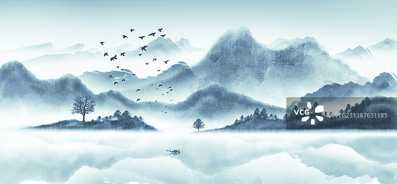 蓝色意境山水画图片素材