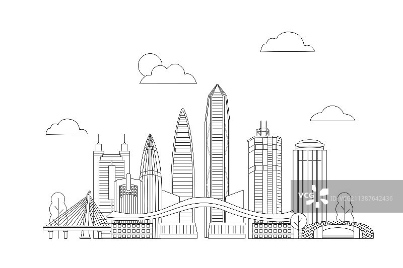 深圳城市建筑黑白线条矢量插画图片素材