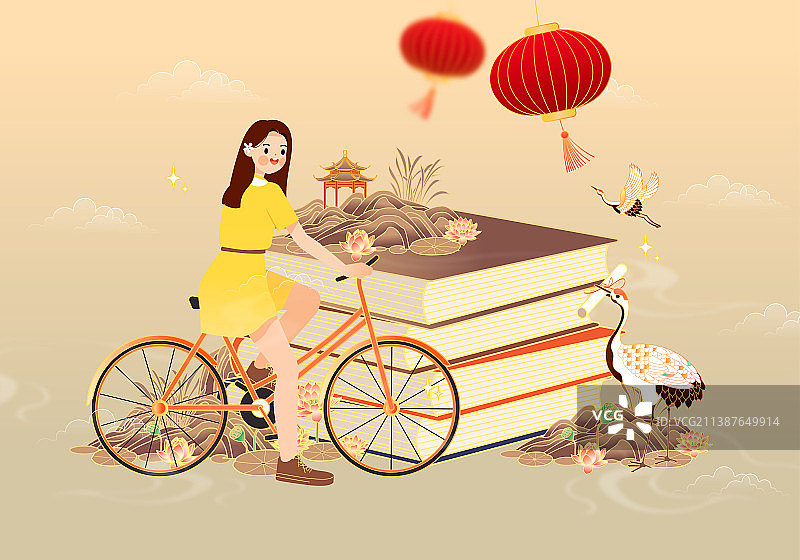 青年女人坐在自行车上图片素材