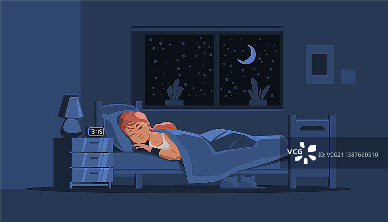 年轻女子陪伴下在床上睡觉的女孩夜晚场景图片素材