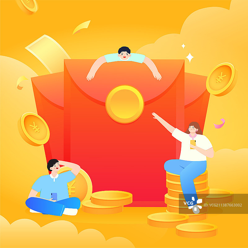 红包、金币和开心的年轻人金融矢量插画图片素材