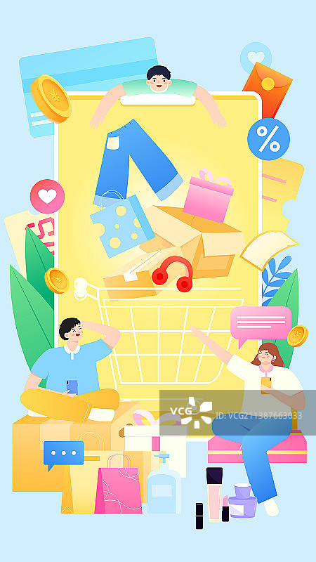 年轻人开心手机购物矢量插画竖图图片素材