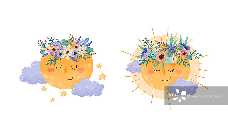 戴着花环的可爱月亮和太阳角色图片素材