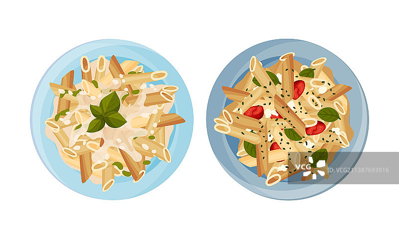 盘子里盛放的熟意大利面菜肴俯视图图片素材