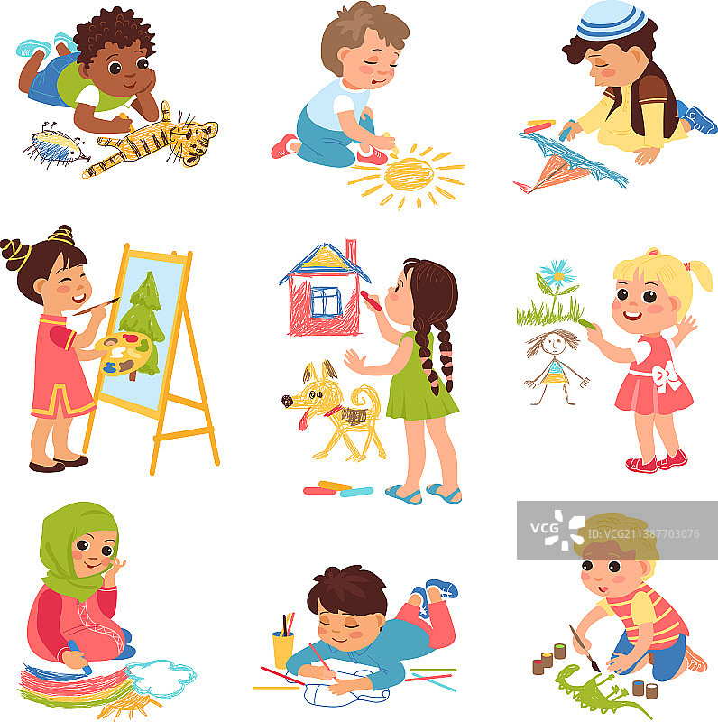 儿童绘画：可爱的快乐儿童和铅笔图片素材