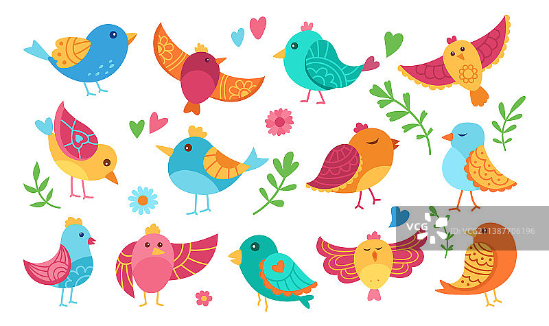 带有不同装饰品的卡通小鸟漫画图片素材