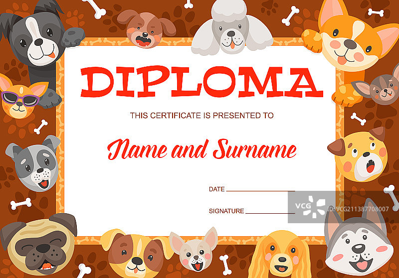 有趣的卡通小狗和骨头文凭图片素材