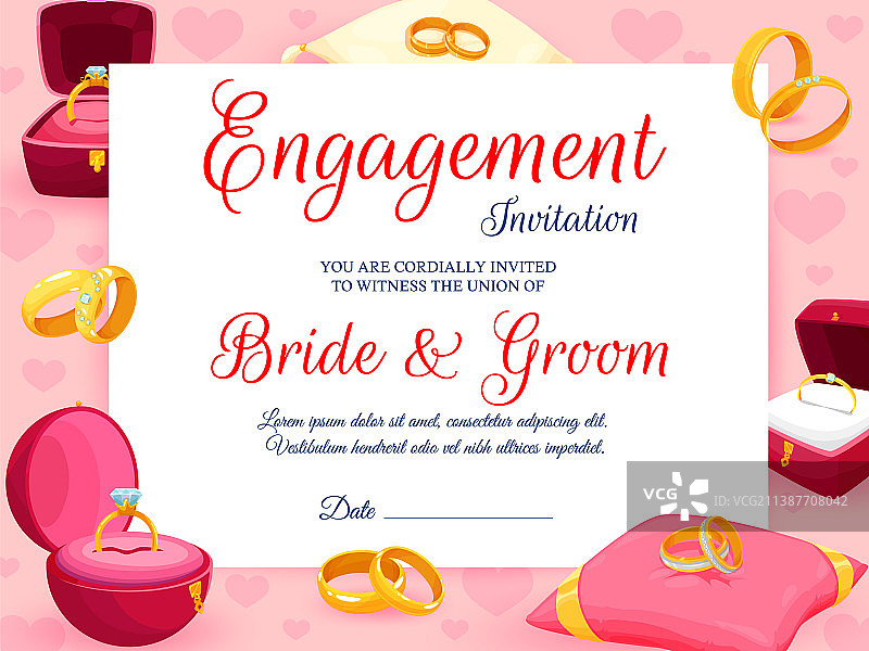 婚礼金色戒指订婚请柬图片素材