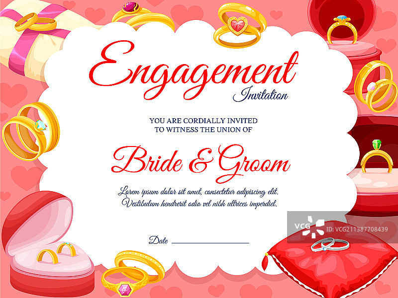 带金色结婚戒指的订婚邀请函图片素材