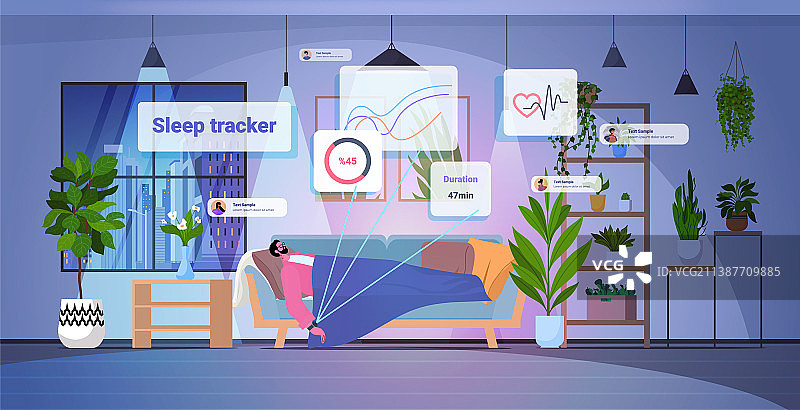 疲惫的男人戴着电子智能手表睡觉图片素材