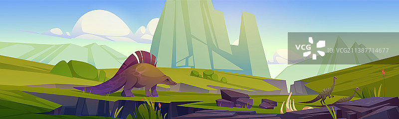 有恐龙和山脉的史前景观图片素材