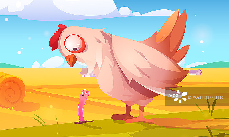 有干草捆、母鸡和蠕虫的乡村景色图片素材