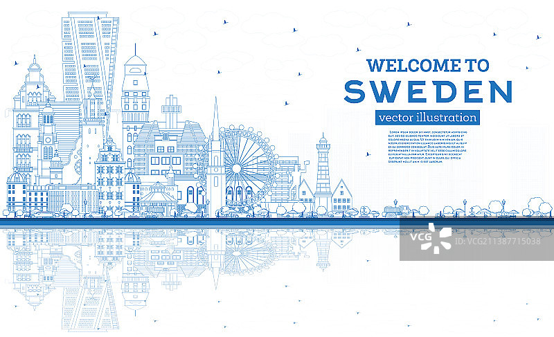 欢迎来到瑞典城市天际线轮廓（蓝色）图片素材