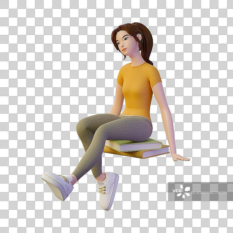 3D卡通风格坐在书本上的女孩免抠元素图片素材