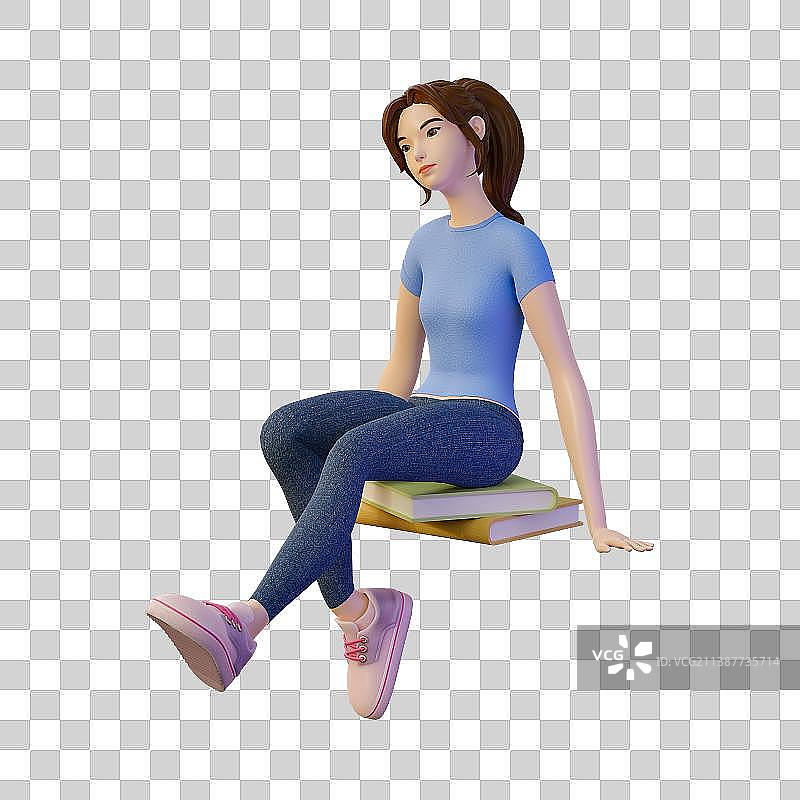 3D卡通风格坐在书本上的女孩免抠元素图片素材