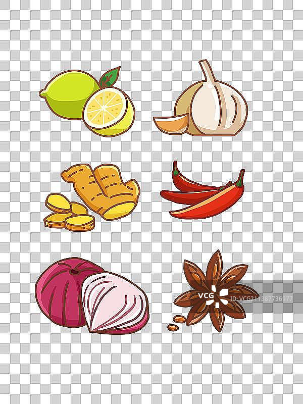 手绘柠檬洋葱蒜头姜辣椒八角食材调味品蔬菜元素素材图片素材