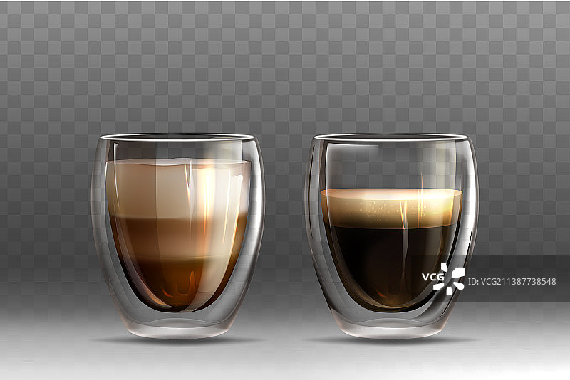玻璃杯中的逼真美式咖啡和卡布奇诺咖啡图片素材