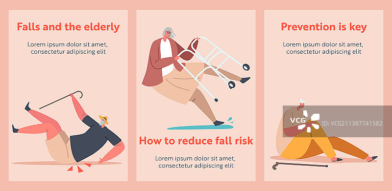 卡通老年男女角色摔倒图片素材