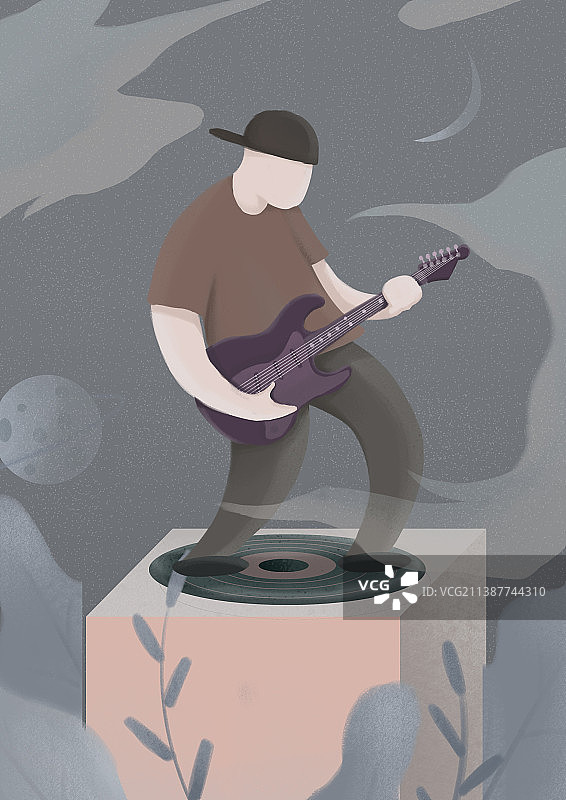 扁平风插画人物吉他音乐黑胶唱片图片素材