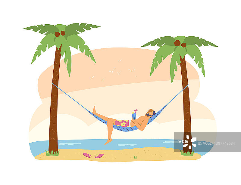 海滩风景与吊床上的男人图片素材
