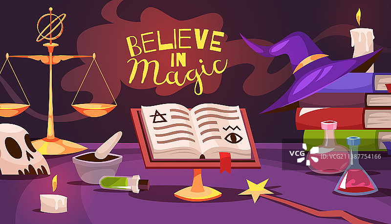 魔法工具海报卡通炼金术士桌子图片素材