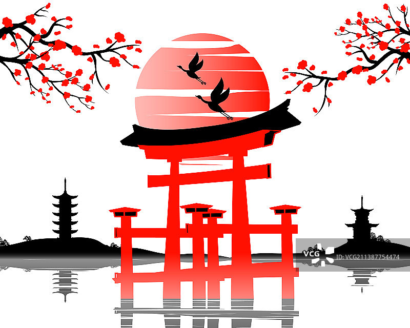 具有古老鸟居图案的日式艺术图片素材