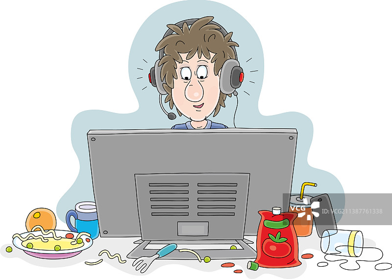 戴耳机坐在显示器后的有趣游戏玩家图片素材