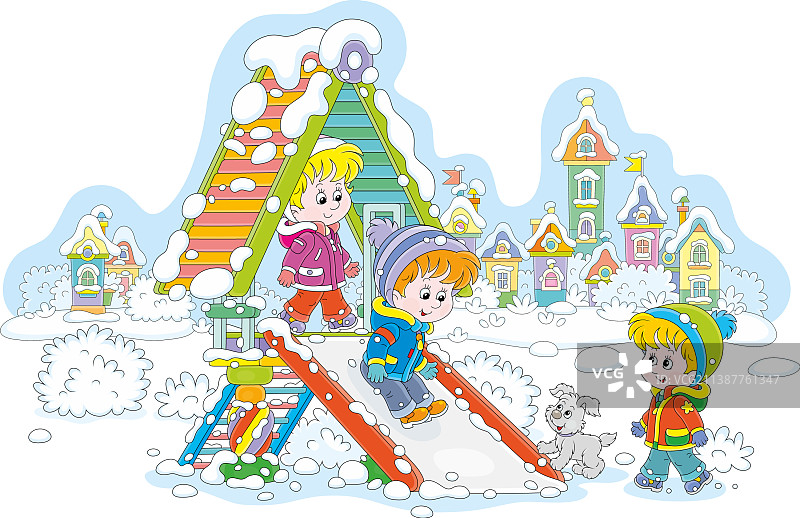 在覆雪公园滑梯上的儿童图片素材
