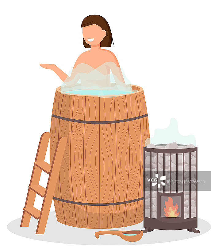 女人裹着浴巾坐在木凳上图片素材