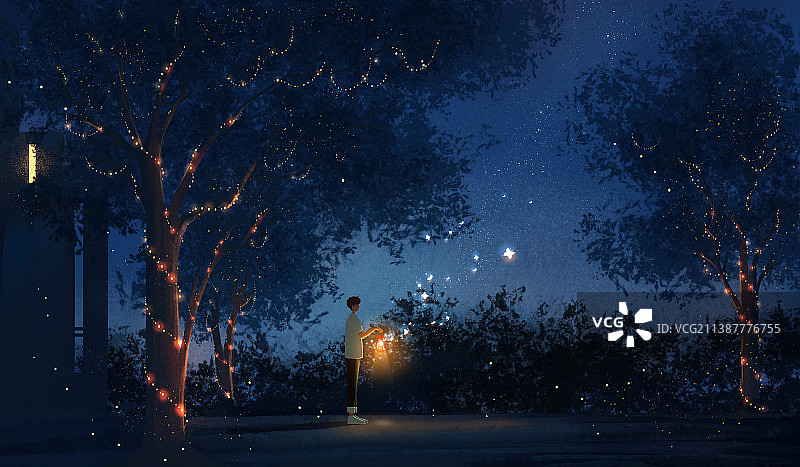 夏季夜晚提灯的人治愈系插画图片素材