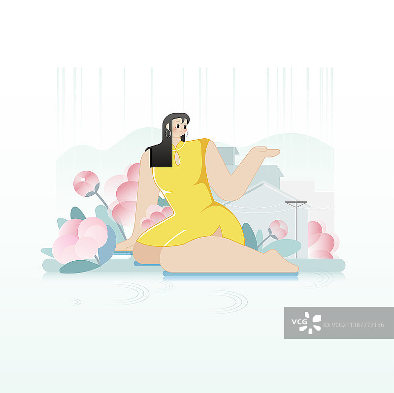 清新下雨东方女性矢量插画图片素材
