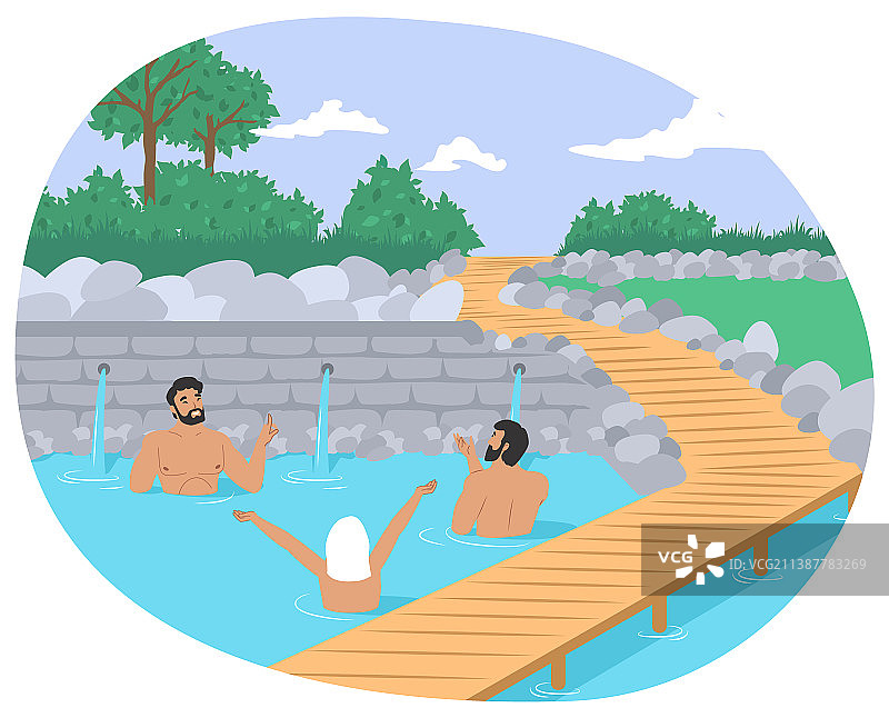 人们享受户外温泉水池图片素材
